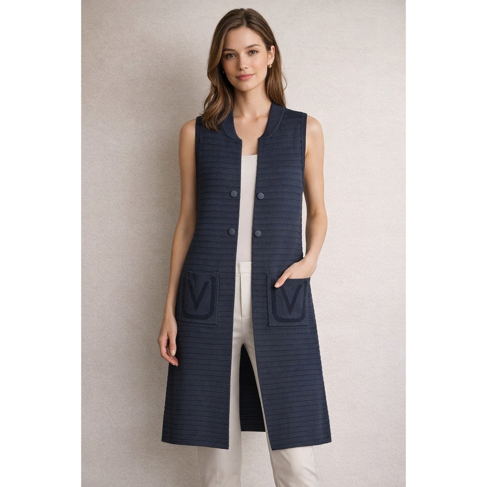 Acciaio Made In Italy Wool Cashmere‎ Long Jacket Vest Navy Nautical Wear to Work